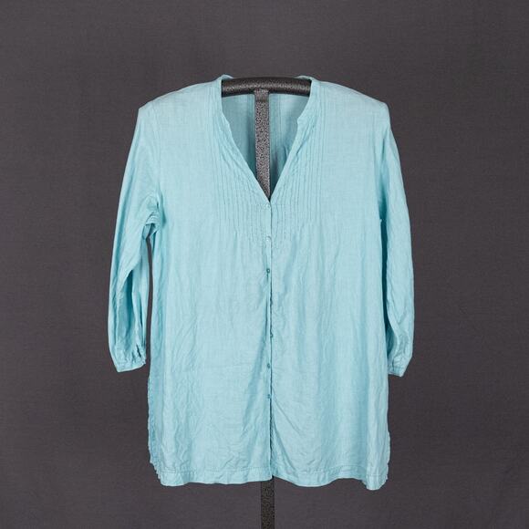 Eileen Fisher 100% Irish Linen Button Front Blouse MEDIUM Pin Tuck Aqua Blue - Picture 1 of 6